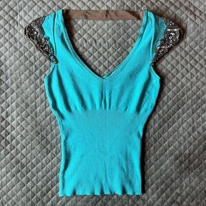 Tracy Reese Turquoise Top with Beaded Shoulder Embellishments